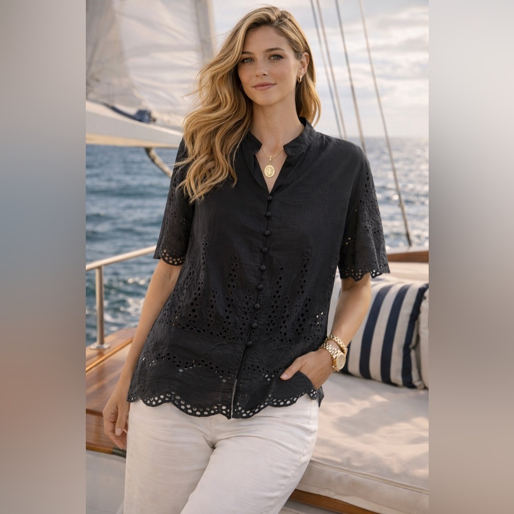 Eri + Ali Anthropology, Aislynn Navy Blue Button Up Blouse M medium - Picture 2 of 6